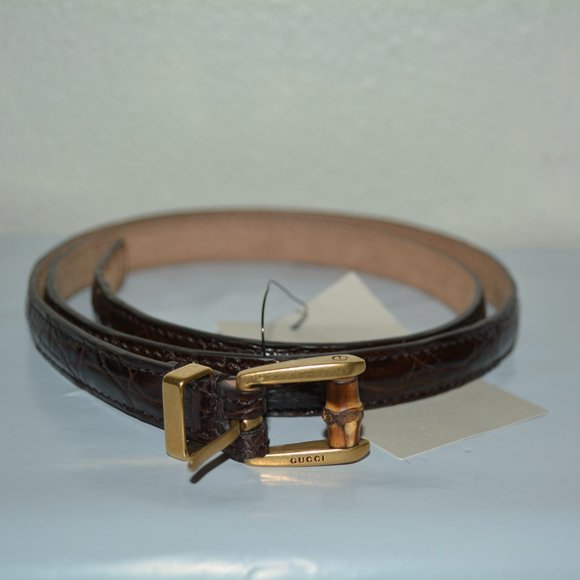 NWT GUCCI CROCODILE LEATHER BAMBOO BUCKLE SKINNY BELT - Picture 1 of 7